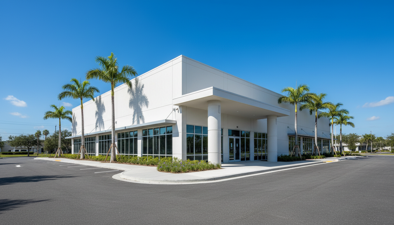 Modern light-commercial storefront building with painted stucco walls and large glass windows in a Sarasota business district